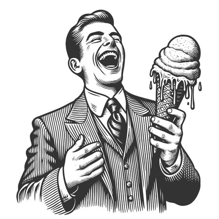 joyful man in a suit laughing while holding a large, melting ice cream cone in hand sketch engraving fictional character raster illustration. Scratch board imitation. Black and white.の写真素材