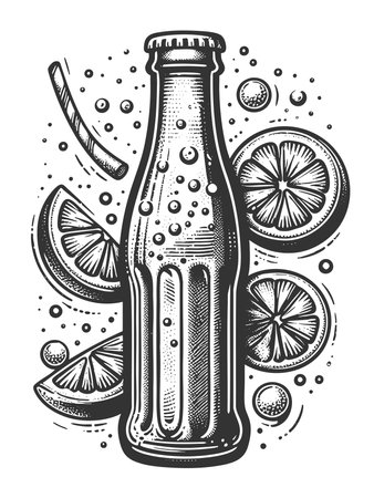 soda bottle surrounded by lemon slices and fizzy bubbles, evoking refreshing summer drink vibes sketch engraving raster illustration. Scratch board imitation. Black and white image.の写真素材