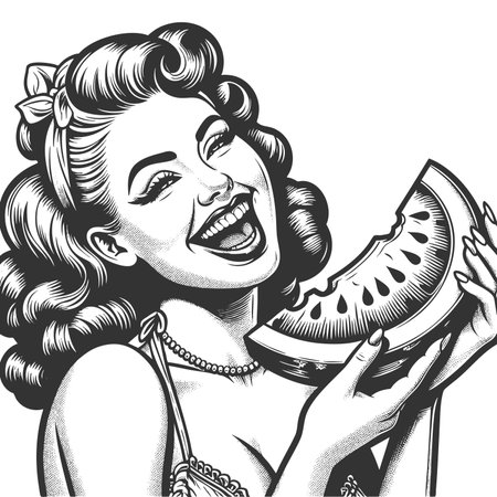 woman holding and biting a slice of watermelon, capturing carefree summer happiness and fun sketch engraving raster illustration. Scratch board imitation. Black and white image.の写真素材