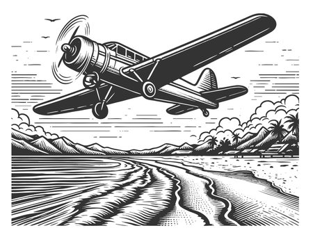 rplane soaring above a coastal landscape with palm trees, waves, and distant mountns sketch engraving raster illustration. Scratch board imitation. Black and white image.の写真素材
