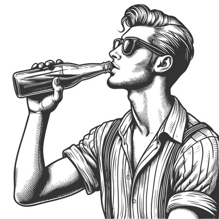young man wearing sunglasses and drinking soda from a classic glass bottle sketch engraving fictional character raster illustration. Scratch board imitation. Black and white image.の写真素材
