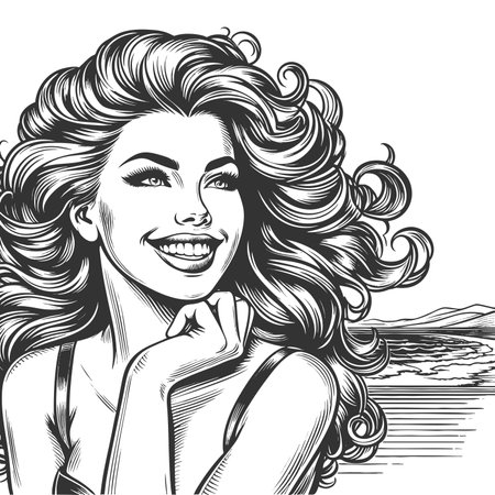 smiling woman with voluminous hr standing near ocean waves and seagulls sketch engraving fictional character raster illustration. Scratch board imitation. Black and white image.の写真素材