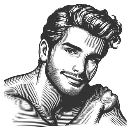 smiling man with styled hr, symbolizing charm, confidence, and classic masculinity sketch engraving fictional character raster illustration. Scratch board. Black and white image.の写真素材