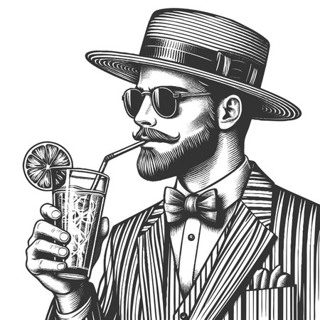 gentleman in striped suit and boater hat sipping lemonade through a straw, exuding summer elegance and charm sketch engraving raster illustration. Scratch board. Black and white image.の写真素材