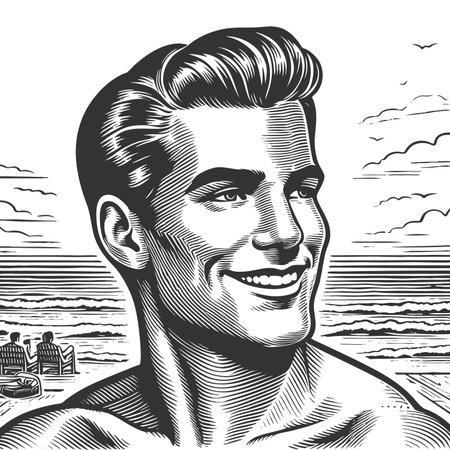 happy shirtless man smiling at the seaside with waves and beach chrs in background sketch engraving fictional character raster illustration. Scratch board. Black and white image.の写真素材