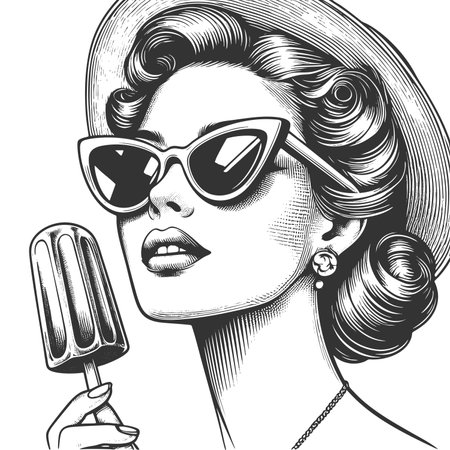 woman wearing cat-eye sunglasses and pearls, holding ice cream in a stylish pose sketch engraving fictional character raster illustration. Scratch board imitation. Black and white image.の写真素材