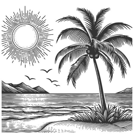 tropical beach scene featuring tall palm trees, ocean waves, and distant clouds in retro style sketch engraving raster illustration. Scratch board imitation. Black and white image.の写真素材