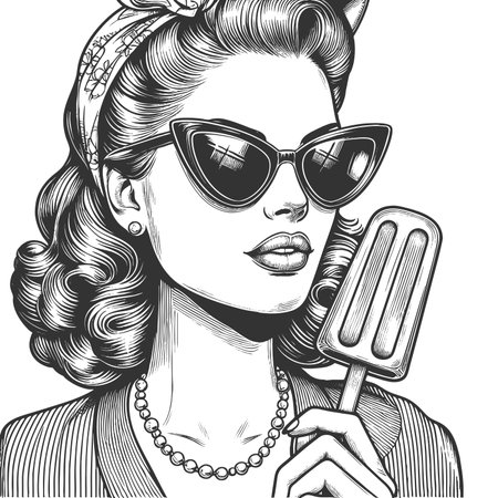woman wearing cat-eye sunglasses and pearls, holding ice cream in a stylish pose sketch engraving fictional character raster illustration. Scratch board imitation. Black and white image.の写真素材