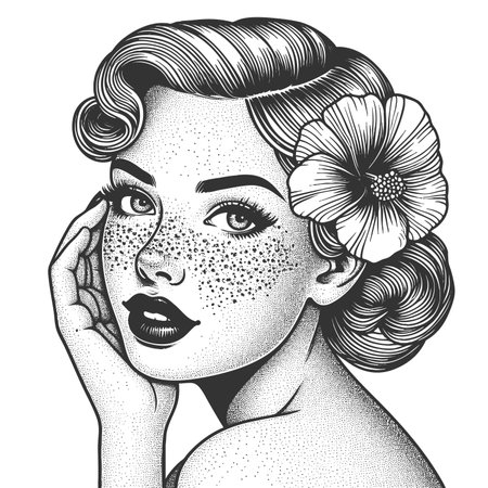 beautiful freckled woman with wavy hr and a hibiscus flower sketch engraving fictional character raster illustration. Scratch board imitation. Black and white image.の写真素材