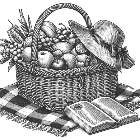 picnic basket filled with fruit, sunhat, and an open book on a checkered blanket, ideal for summer themes sketch engraving raster illustration. Scratch board imitation. Black and white.の写真素材