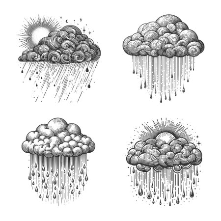 Rn Cloud Set collection bundle sketch engraving vector illustration. Scratch board imitation. Black and white image.のイラスト素材