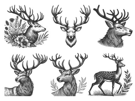 Deer and Stags Set collection bundle sketch engraving vector illustration. Scratch board imitation. Black and white image.のイラスト素材