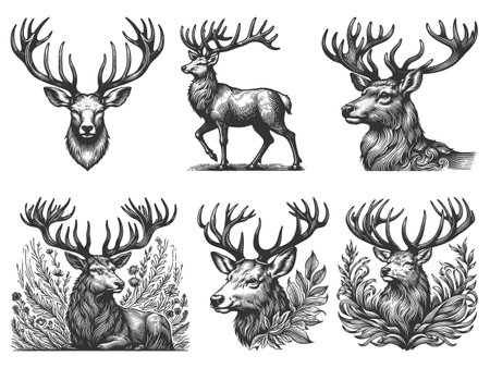 Deer and Stags Set collection bundle sketch engraving vector illustration. Scratch board imitation. Black and white image.のイラスト素材