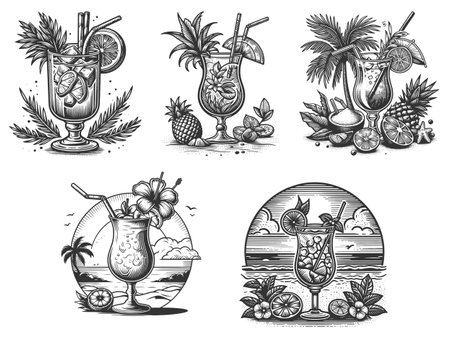 Tropical Cocktl Set collection bundle sketch engraving vector illustration. Scratch board imitation. Black and white image.のイラスト素材