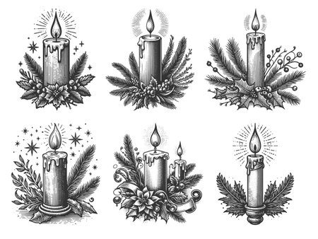 Holiday Candle Set collection bundle sketch engraving vector illustration. Scratch board imitation. Black and white image.のイラスト素材