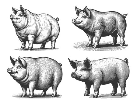 Farm Pig Set collection bundle sketch engraving vector illustration. Scratch board imitation. Black and white image.のイラスト素材