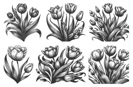 Blooming Tulips Set collection bundle sketch engraving vector illustration. Scratch board imitation. Black and white image.のイラスト素材