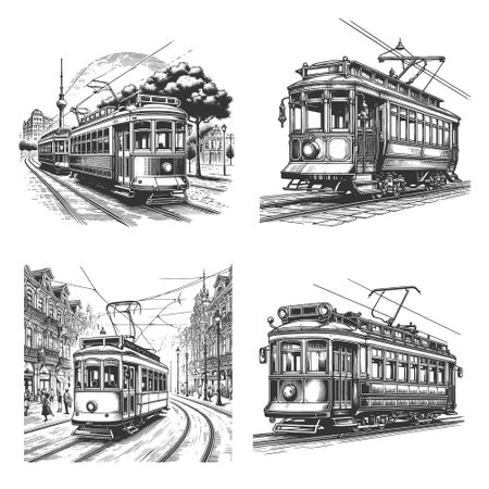 vintage streetcars and trams on tracks, historical public transportation Set collection bundle sketch engraving vector illustration. Scratch board imitation. Black and white image.のイラスト素材