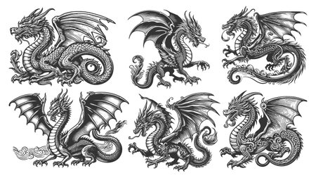 Dragon Set collection bundle sketch engraving vector illustration. Scratch board imitation. Black and white image.のイラスト素材