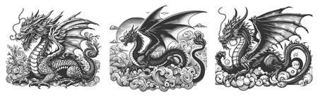 Dragon Set collection bundle sketch engraving vector illustration. Scratch board imitation. Black and white image.のイラスト素材