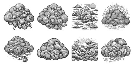 Cloud Set collection bundle sketch engraving vector illustration. Scratch board imitation. Black and white image.のイラスト素材