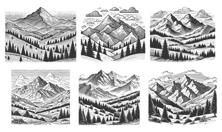 Mountn Landscape Set collection bundle sketch engraving vector illustration. Scratch board imitation. Black and white image.のイラスト素材