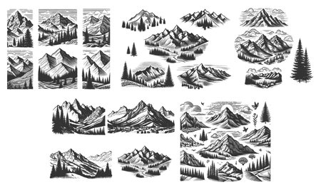 Mountn Landscape Set collection bundle sketch engraving vector illustration. Scratch board imitation. Black and white image.のイラスト素材