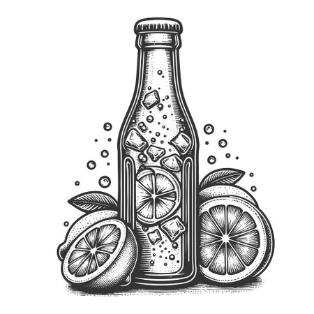 soda bottle surrounded by lemon slices and fizzy bubbles, evoking refreshing summer drink vibes sketch engraving vector illustration. Scratch board imitation. Black and white image.のイラスト素材