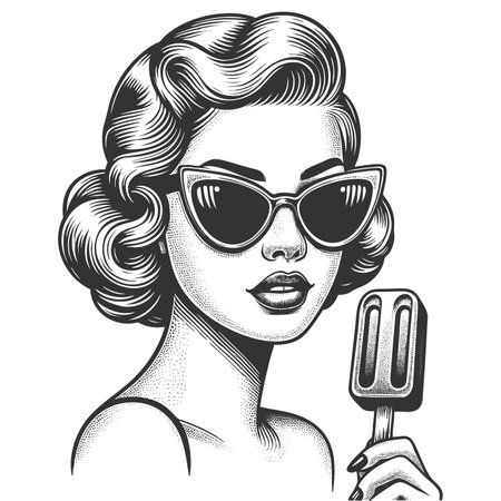 woman wearing cat-eye sunglasses and pearls, holding ice cream in a stylish pose sketch engraving fictional character raster illustration. Scratch board imitation. Black and white image.の写真素材