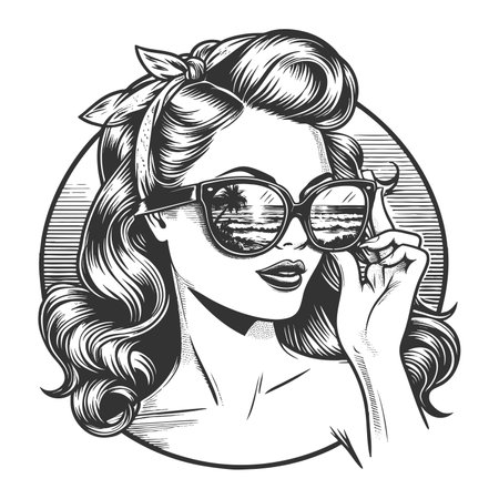 woman wearing sunglasses, reflecting a seaside view with surfers, evoking summer and relaxation sketch engraving fictional character raster illustration. Scratch board. Black and white.の写真素材