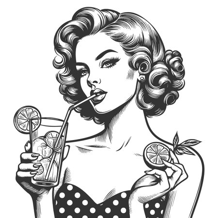 woman in polka dot dress sipping a cold lemonade, evoking classic summer charm and nostalgic elegance sketch engraving raster illustration. Scratch board imitation. Black and white.の写真素材