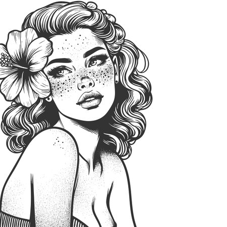 beautiful freckled woman with wavy hr and a hibiscus flower sketch engraving fictional character raster illustration. Scratch board imitation. Black and white image.の写真素材
