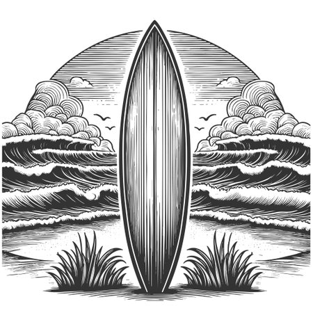 surfboard standing upright on the beach, facing the ocean with rolling waves sketch engraving vector illustration. Scratch board imitation. Black and white image.のイラスト素材