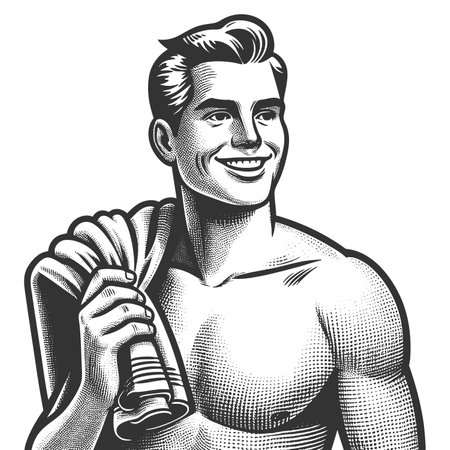 muscular man with a towel over his shoulder, exuding retro beach or athletic vibes sketch engraving fictional character raster illustration. Scratch board imitation. Black and white.の写真素材