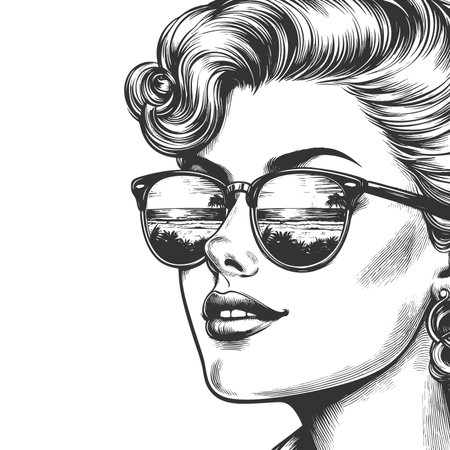 woman wearing sunglasses, reflecting a seaside view with surfers, evoking summer and relaxation sketch engraving fictional character raster illustration. Scratch board. Black and white.の写真素材
