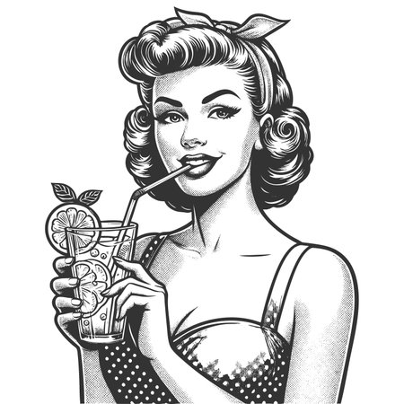 woman in polka dot dress sipping a cold lemonade, evoking classic summer charm and nostalgic elegance sketch engraving raster illustration. Scratch board imitation. Black and white.の写真素材