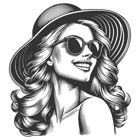 woman wearing a wide-brimmed hat and sunglasses, symbolizing summer, beauty, and carefree joy sketch engraving fictional character raster illustration. Scratch board. Black and white.の写真素材