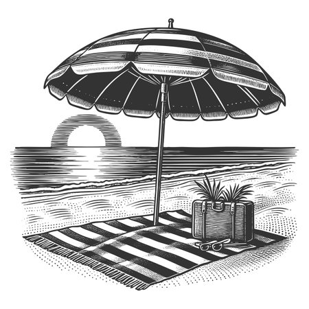 peaceful beach setup featuring a striped umbrella, picnic basket, towel, and sunset over the ocean sketch engraving raster illustration. Scratch board imitation. Black and white image.の写真素材