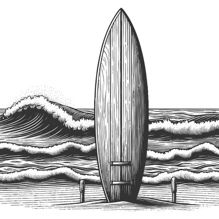 surfboard standing upright on the beach, facing the ocean with rolling waves sketch engraving raster illustration. Scratch board imitation. Black and white image.の写真素材