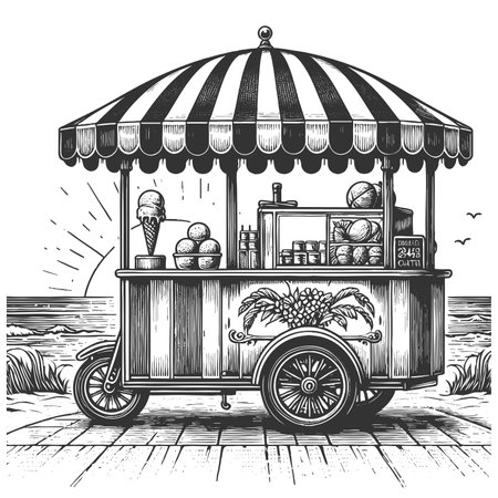 ice cream cart on the beach, with lounge chrs, ocean waves, and a sunny sky in the background sketch engraving raster illustration. Scratch board imitation. Black and white image.の写真素材