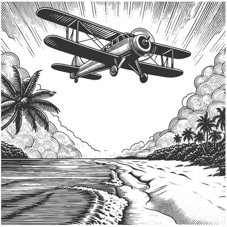 rplane soaring above a coastal landscape with palm trees, waves, and distant mountns sketch engraving vector illustration. Scratch board imitation. Black and white image.のイラスト素材