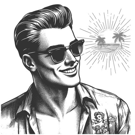 man wearing sunglasses and confidently unbuttoning his shirt with a broad smile sketch engraving fictional character raster illustration. Scratch board imitation. Black and white image.の写真素材