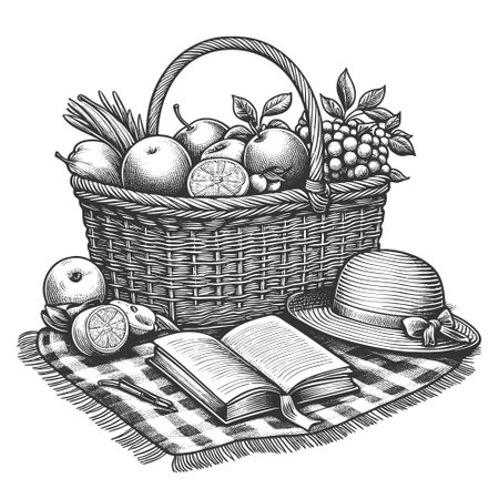 picnic basket filled with fruit, sunhat, and an open book on a checkered blanket, ideal for summer themes sketch engraving vector illustration. Scratch board imitation. Black and white.のイラスト素材