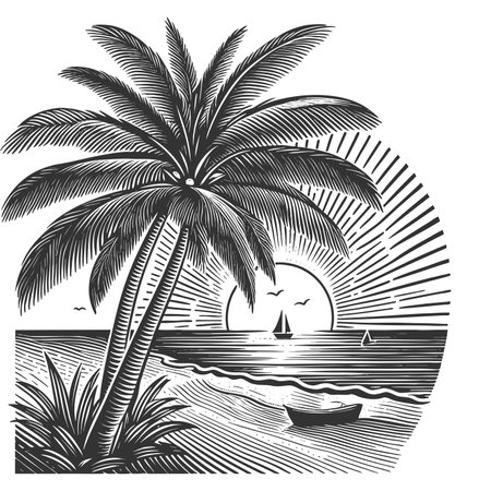 tropical beach scene featuring tall palm trees, ocean waves, and distant clouds in retro style sketch engraving raster illustration. Scratch board imitation. Black and white image.の写真素材