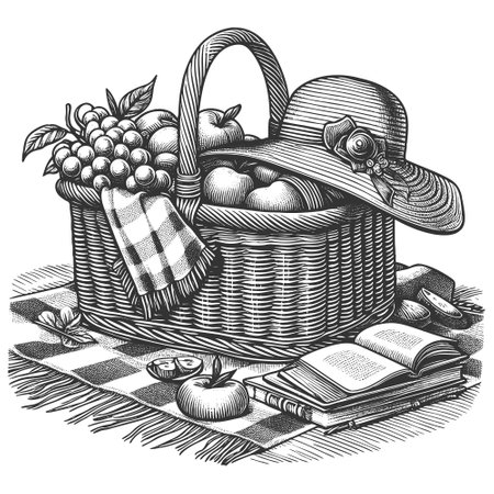 picnic basket filled with fruit, sunhat, and an open book on a checkered blanket, ideal for summer themes sketch engraving vector illustration. Scratch board imitation. Black and white.のイラスト素材