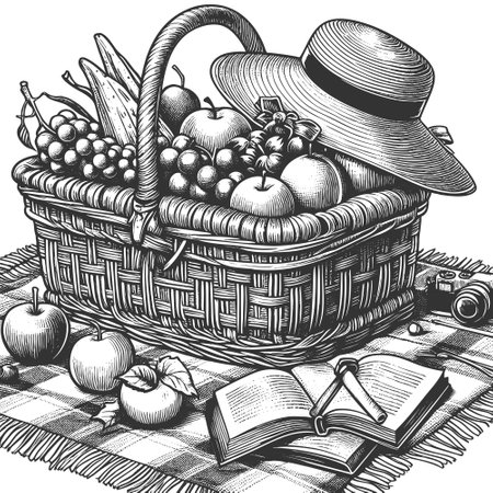 picnic basket filled with fruit, sunhat, and an open book on a checkered blanket, ideal for summer themes sketch engraving vector illustration. Scratch board imitation. Black and white.のイラスト素材