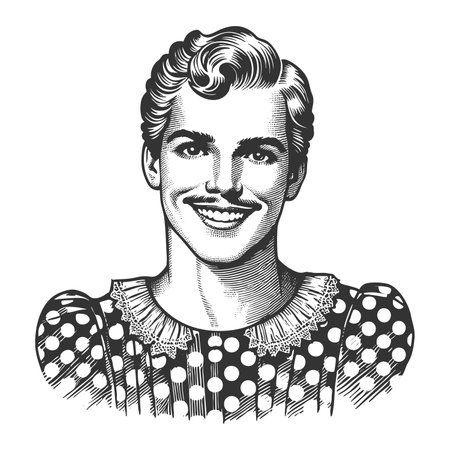 cheerful person wearing a polka dot dress with lace collar, combining retro charm with playful expression sketch engraving fictional character raster illustration. Black and white image.の写真素材