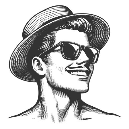 man wearing sunglasses and a straw hat, symbolizing vacation, summer, and carefree joy sketch engraving fictional character raster illustration. Scratch board. Black and white image.の写真素材