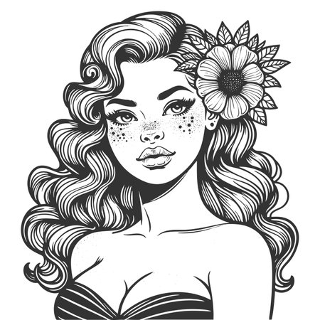 beautiful young woman with retro curls, flower in her hr, and sunburst background detl sketch engraving fictional character raster illustration. Scratch board. Black and white image.の写真素材