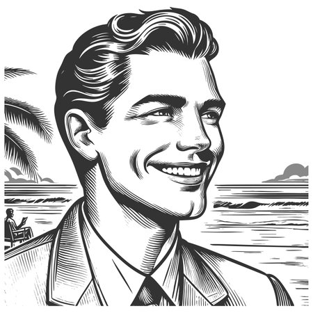 cheerful man in a suit smiling confidently near a beach at sunset with palm trees sketch engraving fictional character raster illustration. Scratch board imitation. Black and white imageの写真素材
